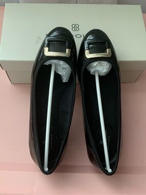 Black Patent Gold Buckle wedges